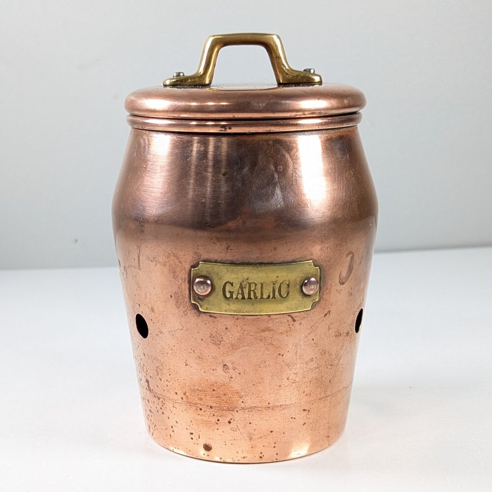 Vintage patinated copper garlic keeper with lid made in Korea